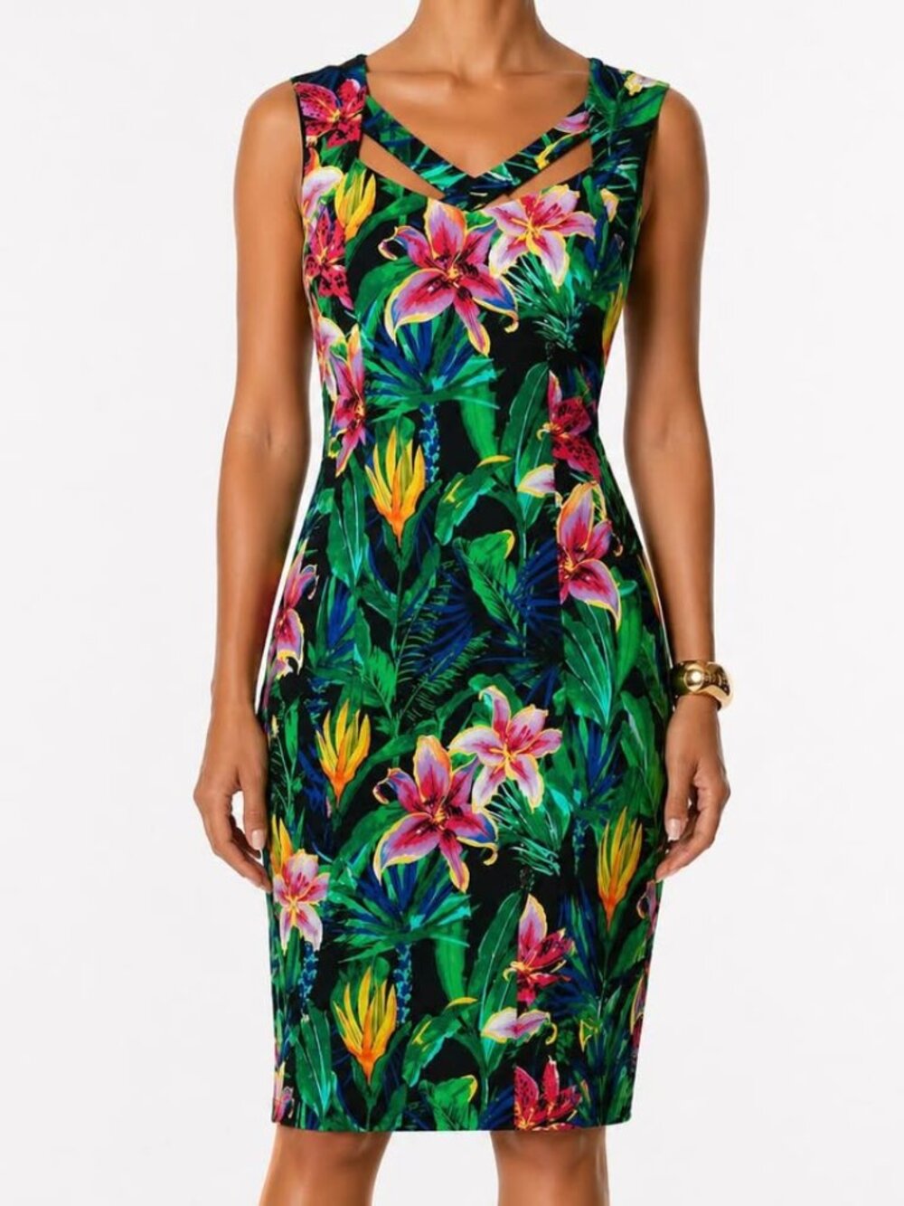 Tropical Vacation Feminine Black Floral Sleeveless Summer Resort Dress [size 14]